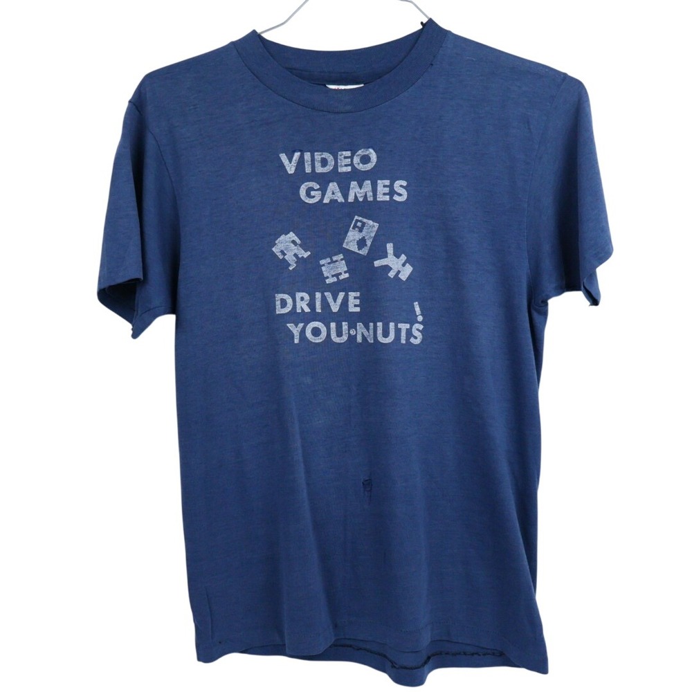 VTG Video Games Drive You Nuts T-Shirt Blue Distressed S.S. S/M
